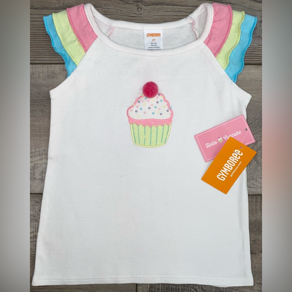 NWT Gymboree Hello Cupcake Collection Birthday Embroidered Pom Pom Ruffle Top 2T